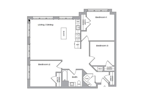 three bedroom floor plan at The James apartments